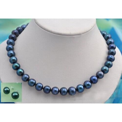 FREE shipping1711mm round black fresh water pearl necklace earring