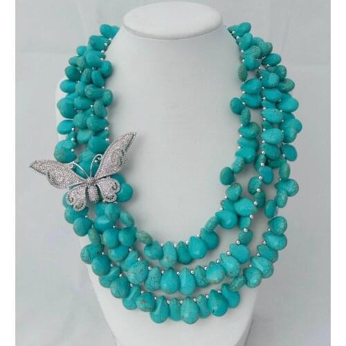 YYGEM 19" 3 Strands top-drilled Teardrop Turquoise Necklace CZ Pave Butterfly Connector