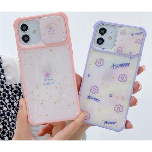 Cute Camera Lens Protection Glitter Phone Case on For iPhone 11 12 Pro XS Max 8 7 Plus XR X Pink Flower Girly Back Cover Coques