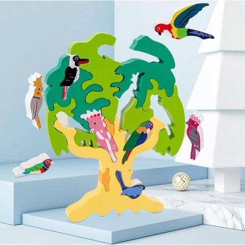 3D Montessori Wooden Tree Jigsaws Puzzles for Kids Stacking Puzzle Blocks Bird Tree Toys Balance Educational Toys