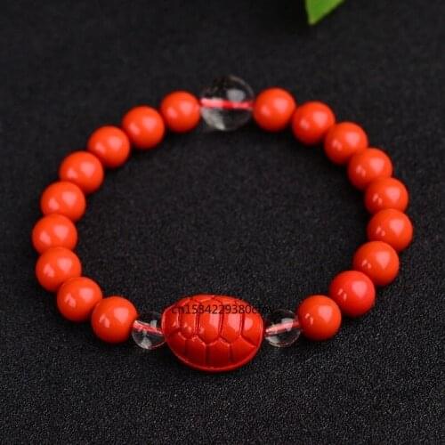 Customized Chinese Red Organic Cinnabar Tortoise shell Beads Elastic Bracelet Natural Fashion Man ahd woman Luck Amulet Gifts