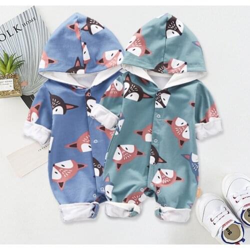 Spring Autumn Newborn Kids Rompers Hooded Long Sleeve Baby Girls Boys Jumpsuits Cartoon Printed Cotton Infant Romper 0-24M
