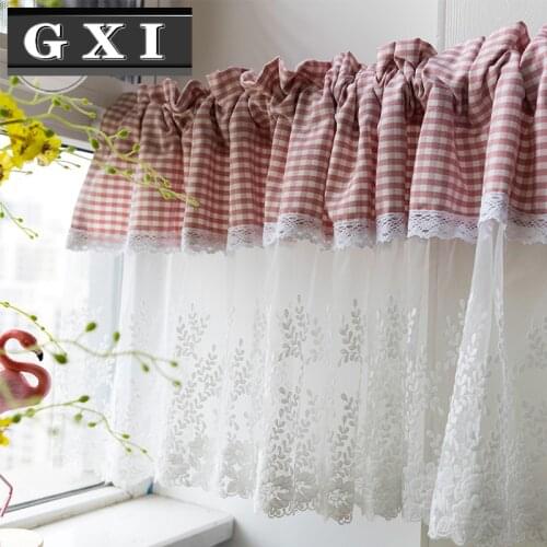 GXI Pink Lattice Short Curtains For The Study Of The Kitchen Bay Window Custom Short Curtain Lace Embroidery Yarn Curtain #3
