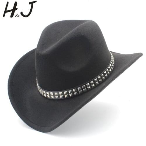Women Men Wool Hollow Western Cowboy Hat With Wide Brim Felt Cowgirl Jazz Godfather Sombrero Cap Size 56-58CM Punk Belt A35