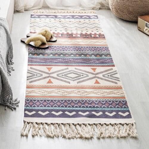 Retro Bohemian Hand Woven Cotton Linen Carpet Foot Pad Bedroom Study Room Floor Rugs Prayer Mattress Home Decorative Blanket Rug