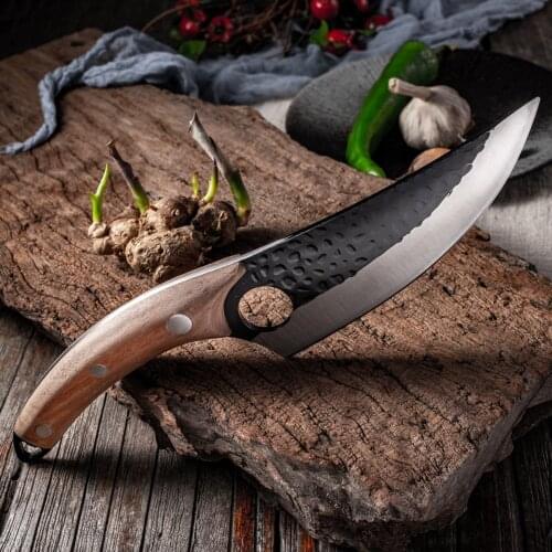 Wooden Handle Stainless Steel Kitchen Boning Knife Handmade Fishing Cutter Meat Cleaver Outdoor Cooking Butcher Scimitar