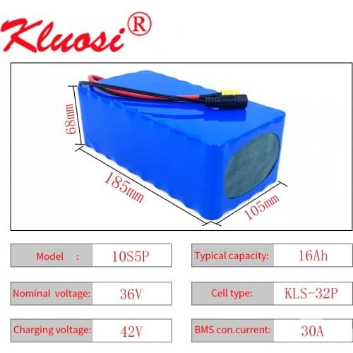 KLUOSI 10S5P 36V 16Ah 250W~1000W 36V Battery with 30A BMS 42V Lithium Battery Pack for Ebike Electric Car Bicycle Motor Scooter