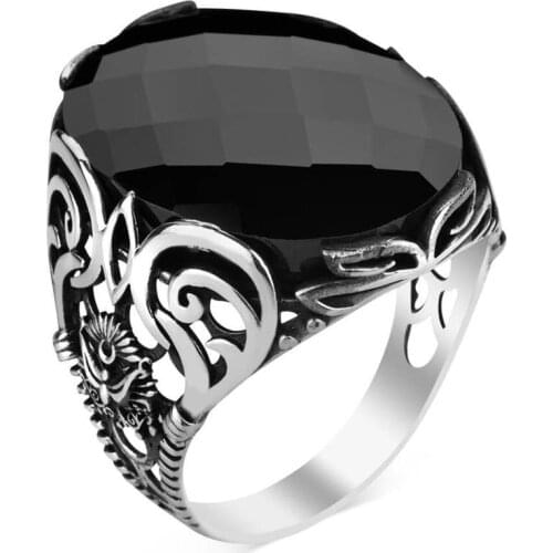 925 Sterling Silver Mens Ottoman Crest Ring with Black Zircon Stone Zirconia Ring for Men Facet Cut Zircon Ring