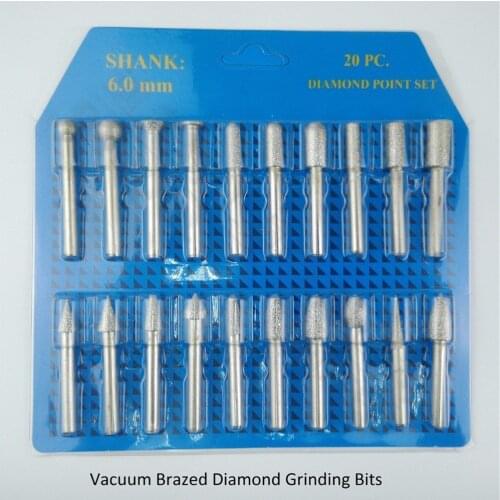 DIATOOL 20pcs #46 Whole Set Vacuum Brazed Diamond Burrs Diamond Carving Bits Mounted Points Grinding Burrs