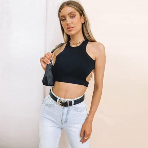 New Arrivals Summer Womens Sexy Sleeveless O Neck Backless White Black Solid Bodycon Cross Back Top Streetwear For Ladies Tops