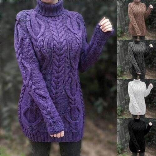 Autumn and winter thickened lapel retro thick thread twist mid-length solid color sweater long top coat pullover women