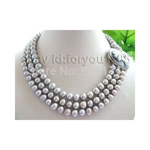 Hot sell Noble 3rows Natural 8-9mm Round Gray Pearl Necklace Cameo
