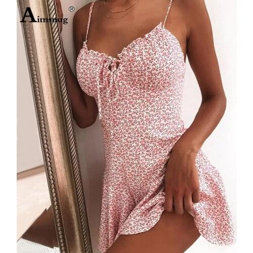 Sexy Women Leisure Dress Vestidos 2020 New Flower Print Spaghetti Strap V-neck Sleeveless Lace-up Dresses Sweet Girl Chic Dress