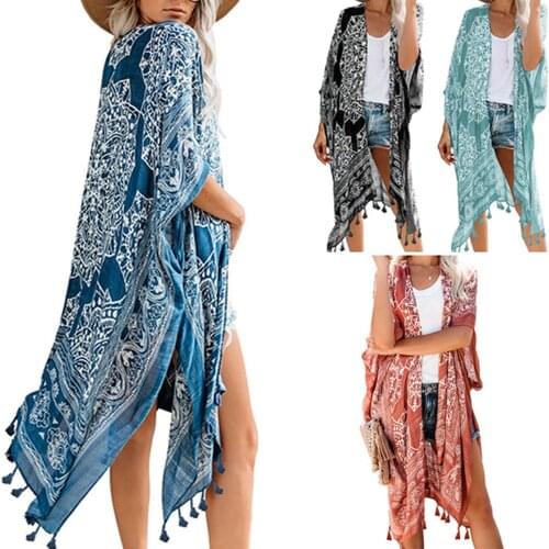 Sexy Bikini Cover-ups Boho Printed Fringed Long Kimono Carfigan Tunic Women Plus Size Beach Wear Swim Suit Cover Up