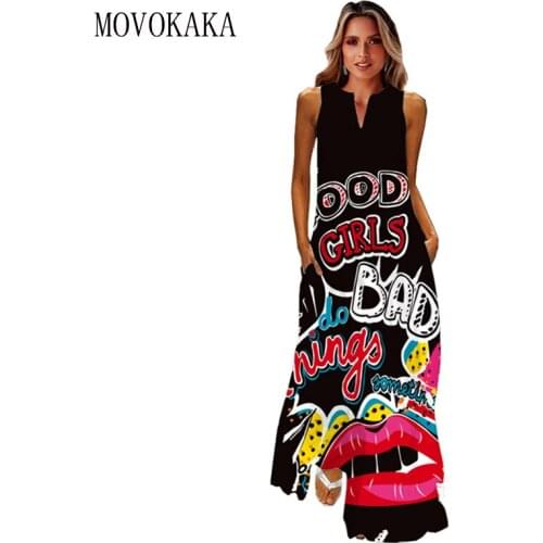 MOVOKAKA 2021 Black Long Dress Women Plus Size Mouth Print Sundress Sleeveless Elegant Dress Casual Vestidos Girl Dresses Summer