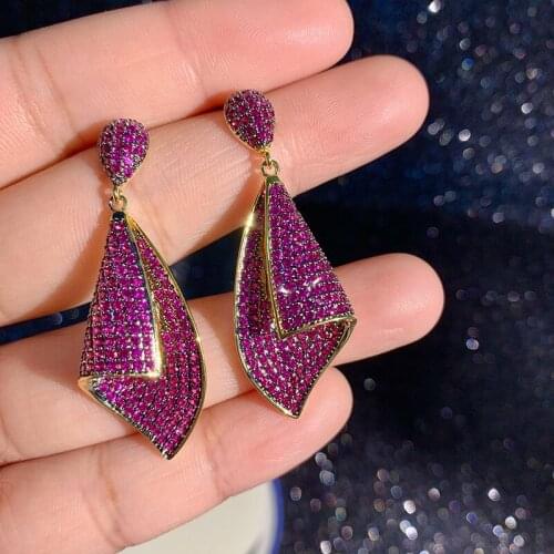 AAA Luxury Rose Red CZ Leaves Water Droplets Style Earrings S925 Silver Post Plated Gold Conch Drop Earrings for Women Jewelry