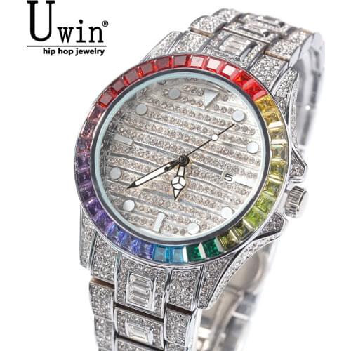 Uwin Baguette CZ Watches Rainbow Surround Full Iced Out Big Dial Watches Men Stainless Steel Fashion Luxury Rhinestones Quartz