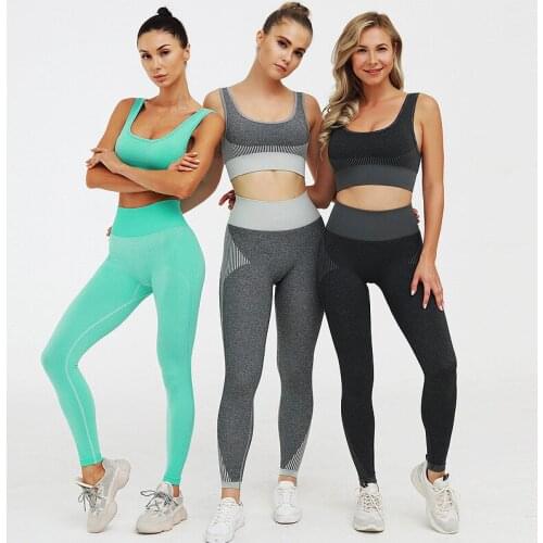 In Stock! Cotton Blends Knitting Seamless Run Sports Fitness Suit Women Crop Top Workout Casual Hip Lifting Womens Yoga Sets