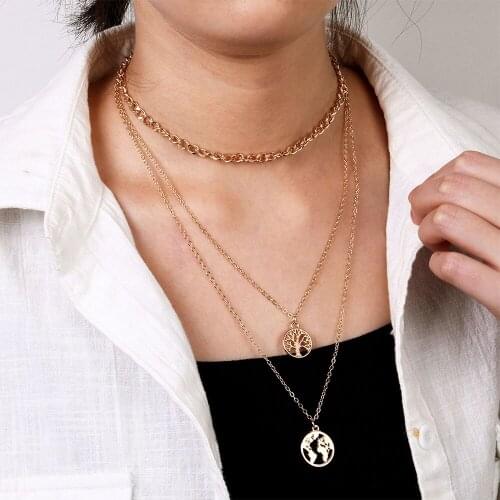 Vintage Multilayer Map Tree of Life Pendant Necklace Female Gold Chain Layered Geometric Collar Jewelry Necklace Gift