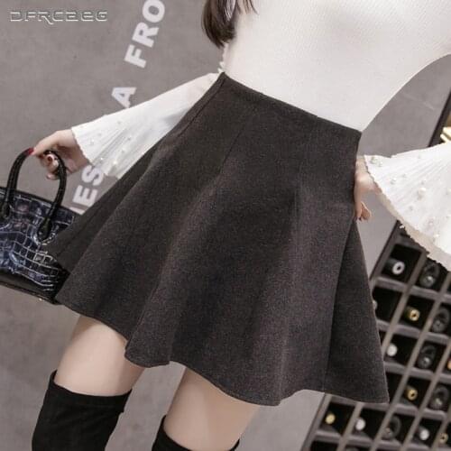 Womens High Waist Mini Skater Skirts 2020 Winter Streetwear Pleated Skirt Retro Ladies Saias Woolen Faldas Mujer Black Gray
