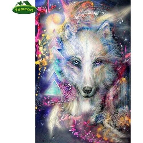 Yumeart DIY 5D Diamond Embroidery by Number Crystal Rhinestones Picture Pattern Colored Wolf Diamond Painting Cross Stitch Kits