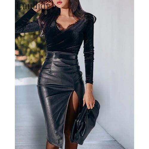 Women Sexy PU Leather Skirt Sexy High Waist Bodycon Split Skirt Office Pencil Skirts Plus Size XXL 3XL 4XL 5XL