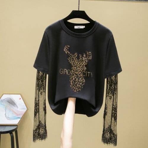 2021 Women summer Fashion O Neck Long Lace Sleeve Rhinestones Lace Sleeve T Shirts