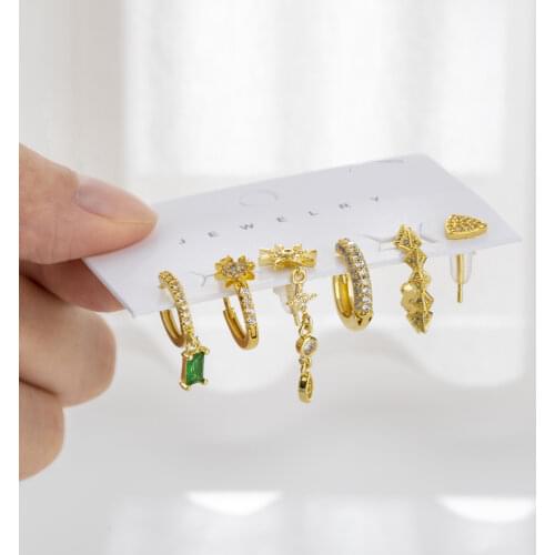 SIPENGJEL Charm Clear Zircon Small Hoop Womans Earrings Set 6 Pcs Green Crystal Personality Pendant Earrings Jewelry Gift