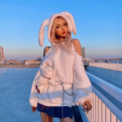 New Cute Rabbit Ear Hat Hoodies Women lambswool Solid White Plush Winter Pullover Sexy Sweet off-Shoulder Sweatshirt Hoodie