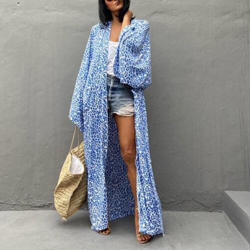 Women Long Robe Strapless Skin-friendly Blue Vintage Oversize Leopard Pattern Cardigan for Shopping Casual Loose Cover-Ups