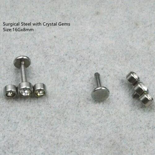 50pcs/Lot Body Jewelry 16x6/8mm Gems Surgical Steel Lip Bar piercing Labret ring Ear Helix Cartilage Stud New