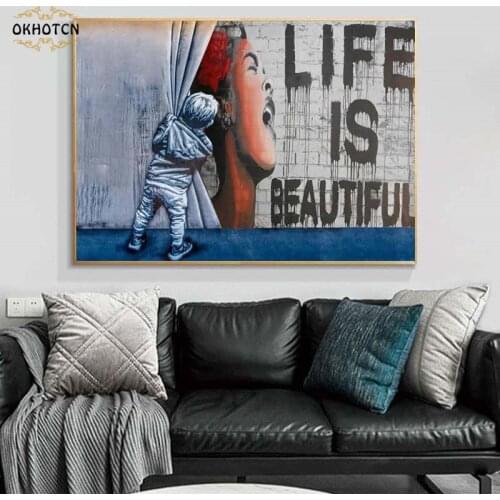 Abstract Canvas Art Painting Life Is Beautiful Boy Curtain Unveil Street Art Oil Painting Original Graffiti Banksy Style Decor