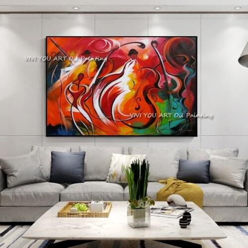Handmade Abstract Art Red Violin Canvas Oil Painting Modern Musical Instruments Wall Art Poster in Living room Home Decoration