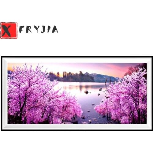 5D full drill Diamond Painting Cherry Blossoms Diamond Embroidery Lake Mountain Cross Stitch Mosaic Home Decoration Wall Sticker