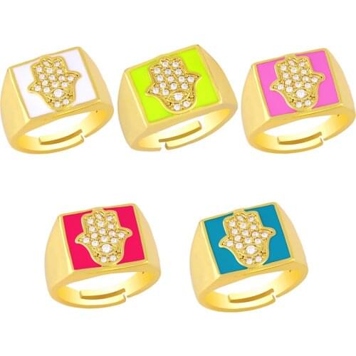 EYIKA Bohemian Enamel Hamsa Fatima Hand Open Rings Gold Color Turkish Evil Eye Zircon Copper Glaze Finger Ring for Women Jewelry