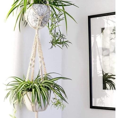 Macrame Double Plant Hanger Indoor Outdoor 2 Tier Hanging Planter Cotton Rope 4 Legs 67 inch