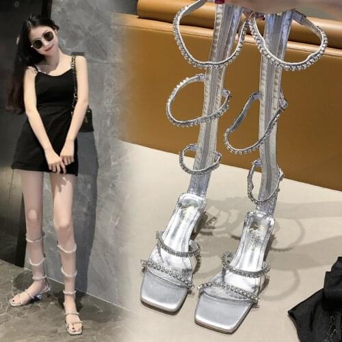 Exquisite Rhinestone Long Tube Zipper Ladies Sandals Summer Fashion Hot Sale Roman Open Toe Sexy High Heels Large Size 40
