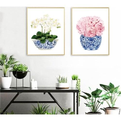 Canvas Painting Nordic Style Blue and White Chinese Vase Flower Abstract Wall Art Posters And Prints Pictures Modern Room Decor