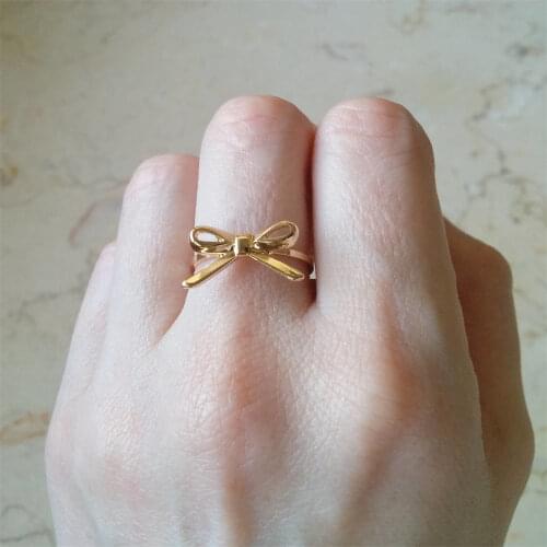 Girly Gold Color Plating Lovely Ribbon Decorated Ring For Girl School Party Presentation Show Cute Delicate Jewelry