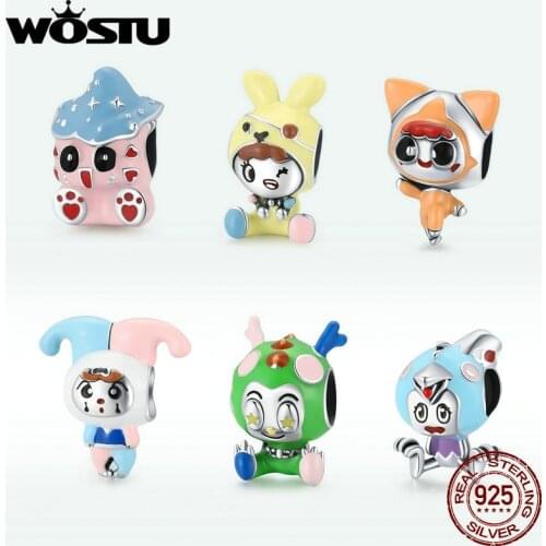 WOSTU New Genuine 925 Sterling Silver Enamel Cute Cartoon Cat Clown Doll Bead Charm Pendant Fit Bracelet Women DIY Fine Jewelry