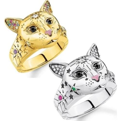 Ofertas Size 5-11 Lovely Cute Silver Plated Golden Color Cat Head Animal Doodle Women Jewelry Engagement Party Ring