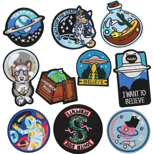 Astronaut Cat Embroidery Patches Thermoadhesive Cloth Stickers Spaceship Cartoon Iron on Patch Fox Embroidered Clothing Badges