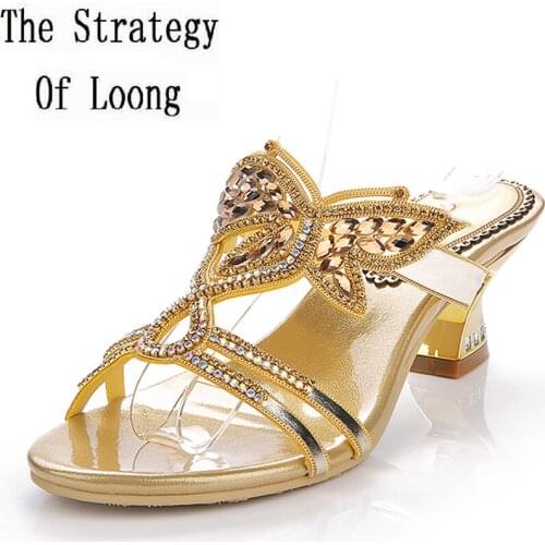 Women Summer New Corium Rhinestone Kitten Heel Butterfly Fashion Slippers Korean Style Cutout Big Small Size 33 43 Slippers