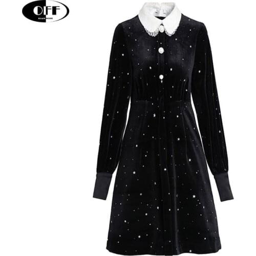 Autumn winter velvet mini dresses for women vintage peter pan collar high waist retro star Dot short dress clothes casual robes