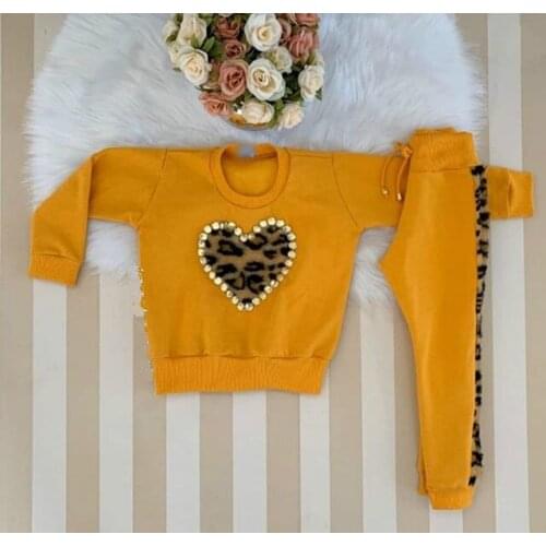 1-5Y Autumn Winter Girls Clothes Sets Leopard Pearl Print Long Sleeve Pullover Sweatshirt Pants