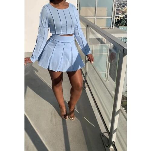 Casual Blue Pink Dress Set 2 Piece Outfits Sports wear Fitness O Neck Long Sleeve Pleated Mini Skirts Club wear Two Piece Set