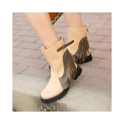 Women mid-calf boots ladies chaussure girl vintage Genuine leather booties shoes woman warm tassel western punk cowboy boots