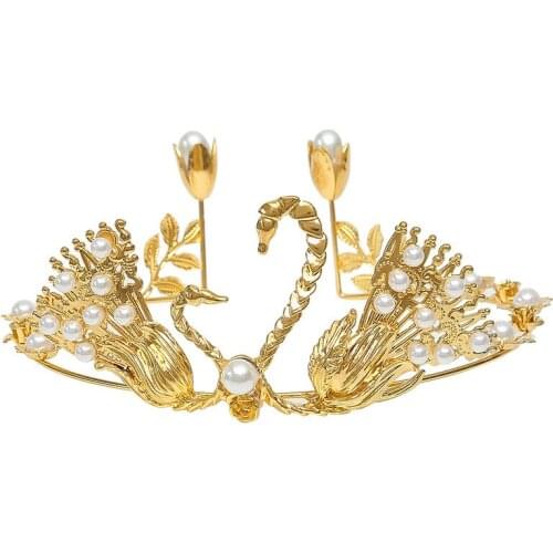Wedding Crown Bridal Headpiece Gold Silver Swan Pearl Rhinestone Diadem Queen Crown Princess Tiaras Wedding Cake Topper