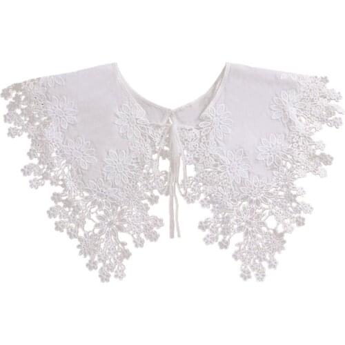 Women Girls White Detachable Doll Fake Collar Shawl Wrap Hollow Out Floral Cross Embroidery Necklace Mini Cape Dickey