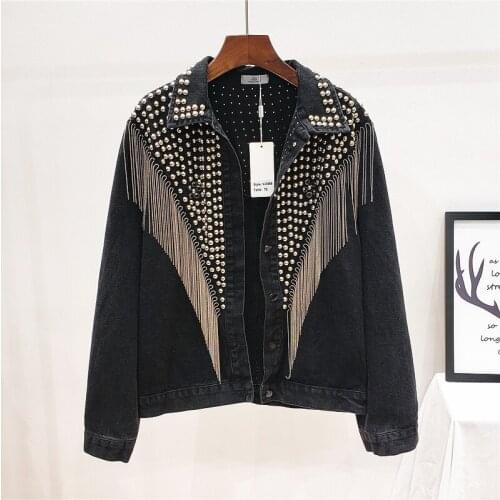 CWBshowGG 2020 Autumn Streetwear Denim Jacket Women Rivet Beading Tassel Chain Short Jeans Outerwear Women Loose Jacket Coats